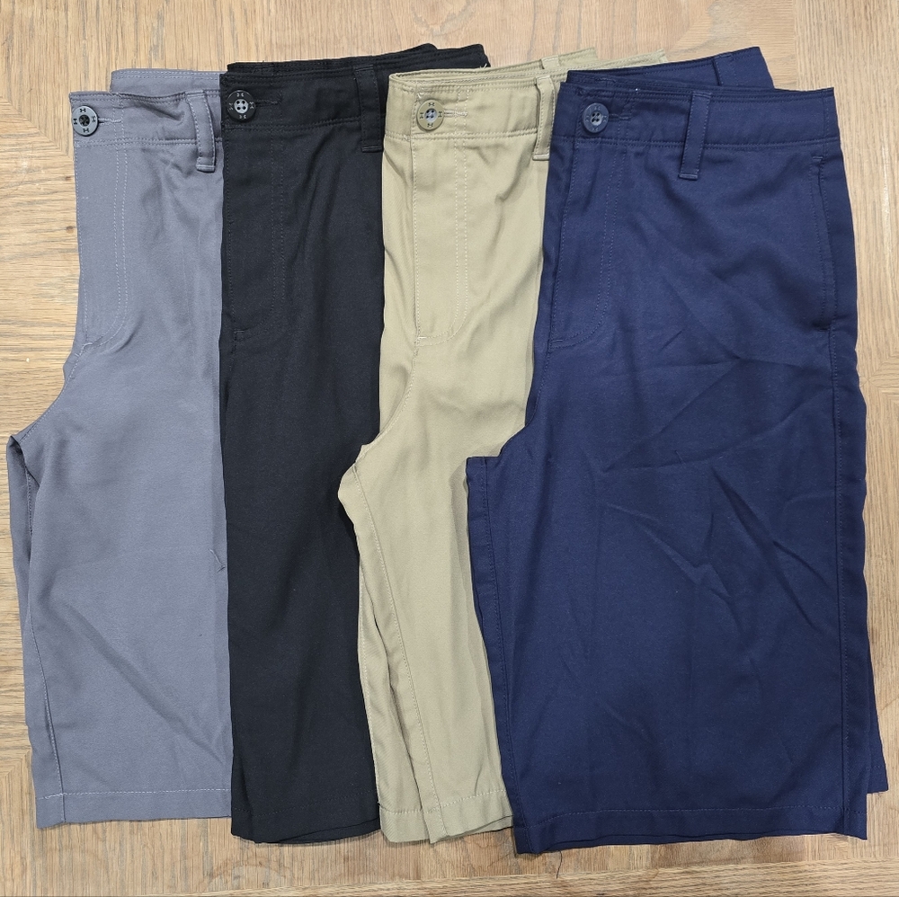 UNDER ARMOUR Boys Shorts Set Of 4- Gray, Black, Tan, and Navy Sz YLG